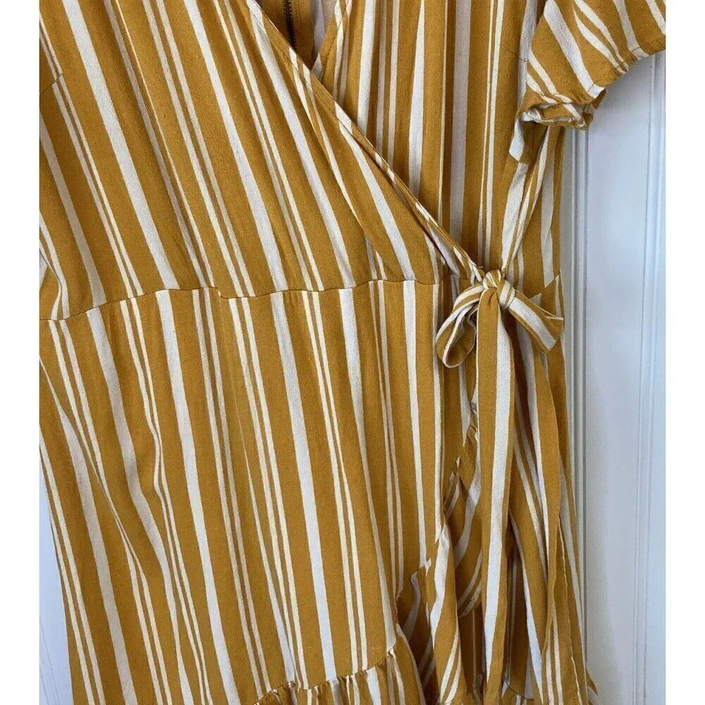 Xhilaration Womens XXL Faux Wrap Sunflower Yellow White Striped Ruffle Hem Dress